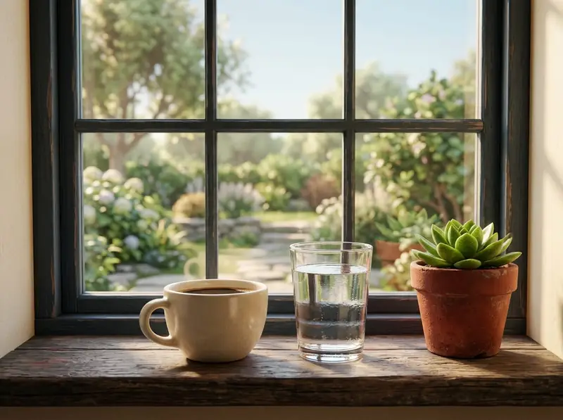 A coffee cup and a glass of water on a sunny wooden windowsill.