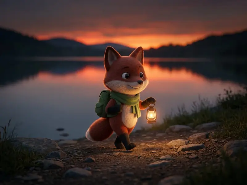 The trail guide fox walking along a lakeside trail at dusk with its lantern.