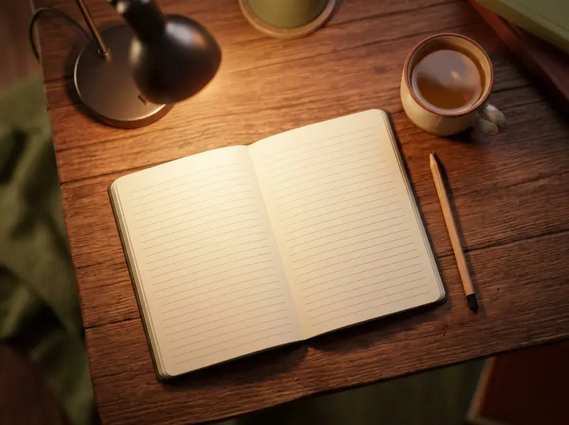 An open notebook with a pencil on a wooden desk under a warm lamp in the evening.