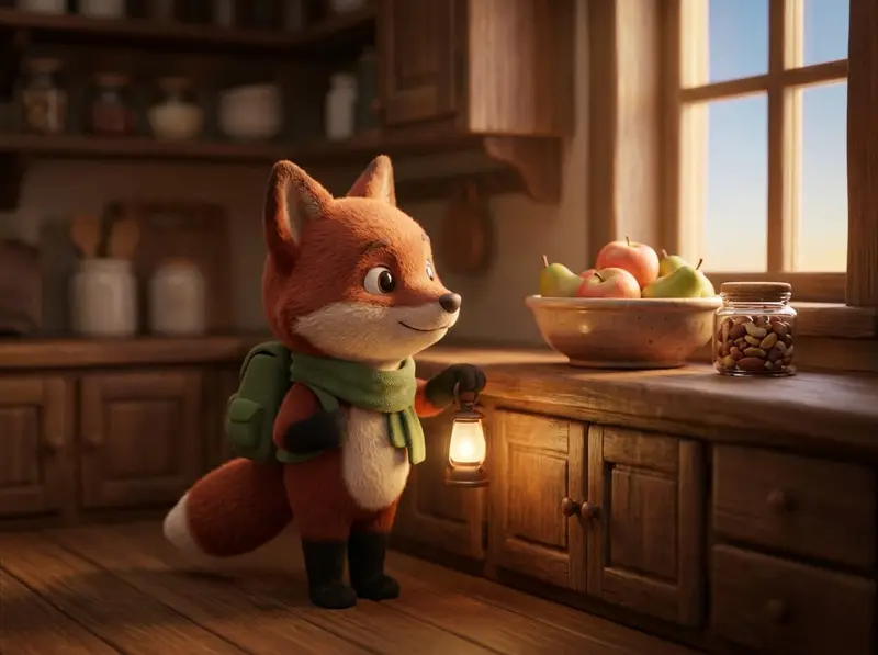 The trail guide fox standing in a cosy kitchen beside a bowl of fruit and a jar of nuts.