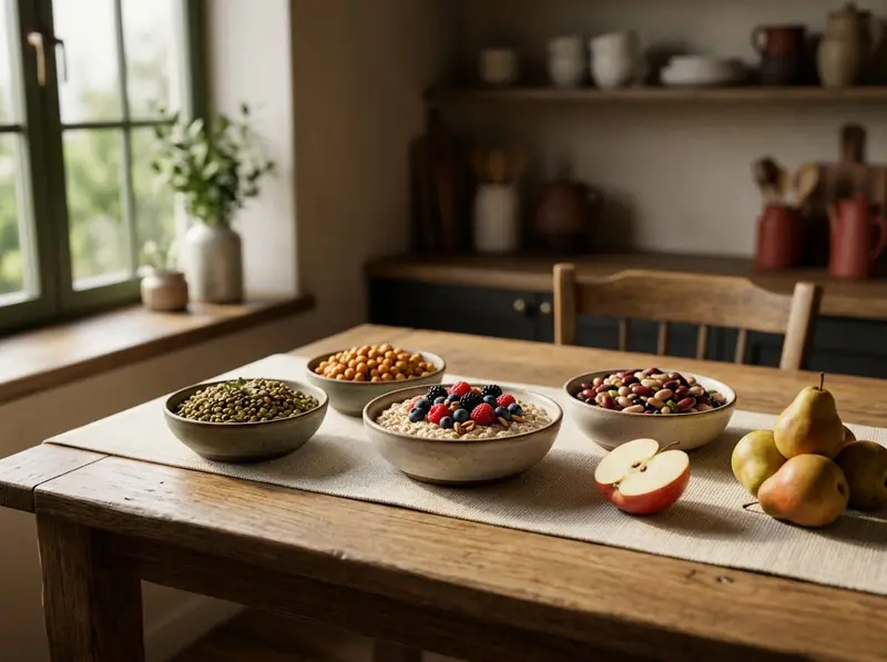 Small bowls of oats with berries, lentils, chickpeas and beans with fruit on a wooden table.