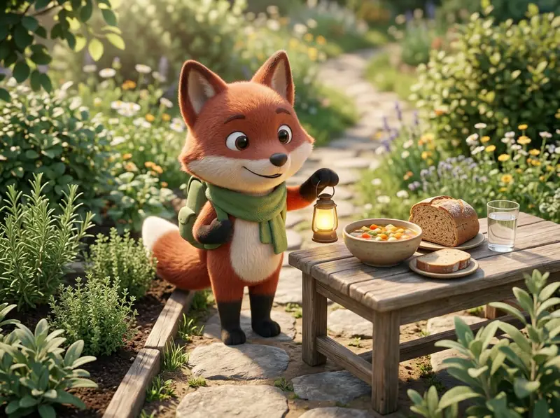 The trail guide fox standing beside a garden table set with soup, bread and a glass of water.