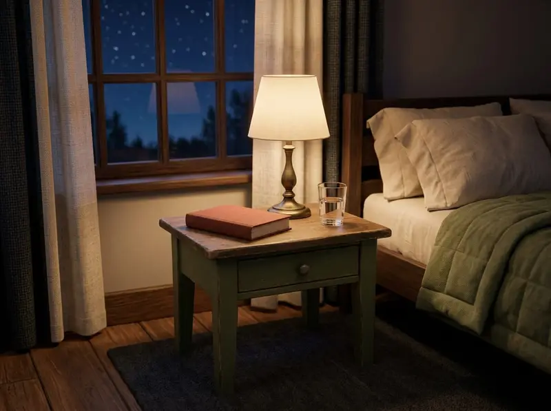 A bedside table at night with a dimmed lamp, a closed book and a glass of water.