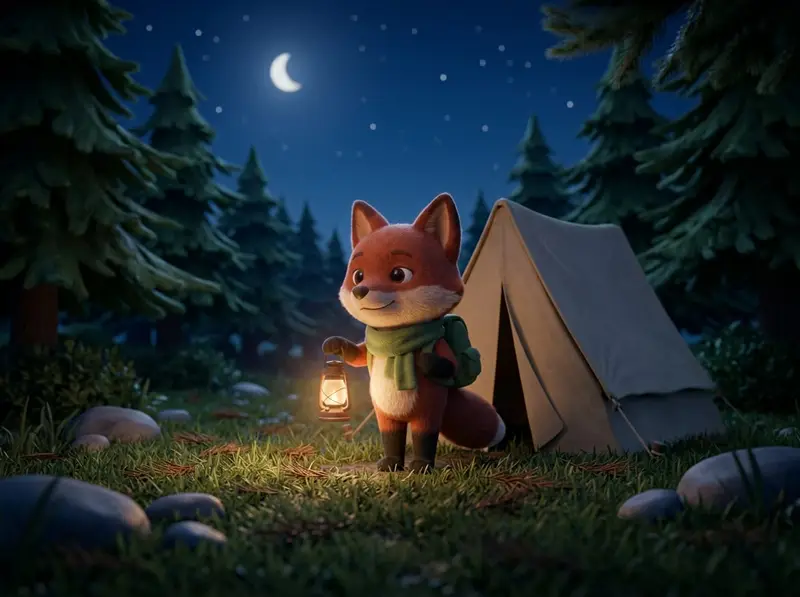 The trail guide fox standing by a tent at a quiet moonlit camp, its lantern turned low.