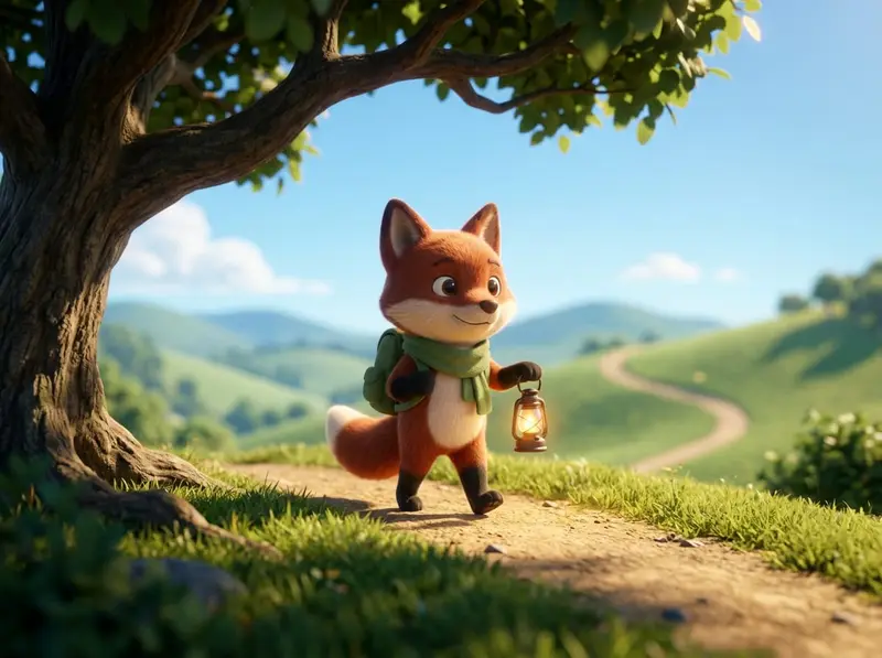 The trail guide fox walking along a sunny ridge trail in the afternoon.