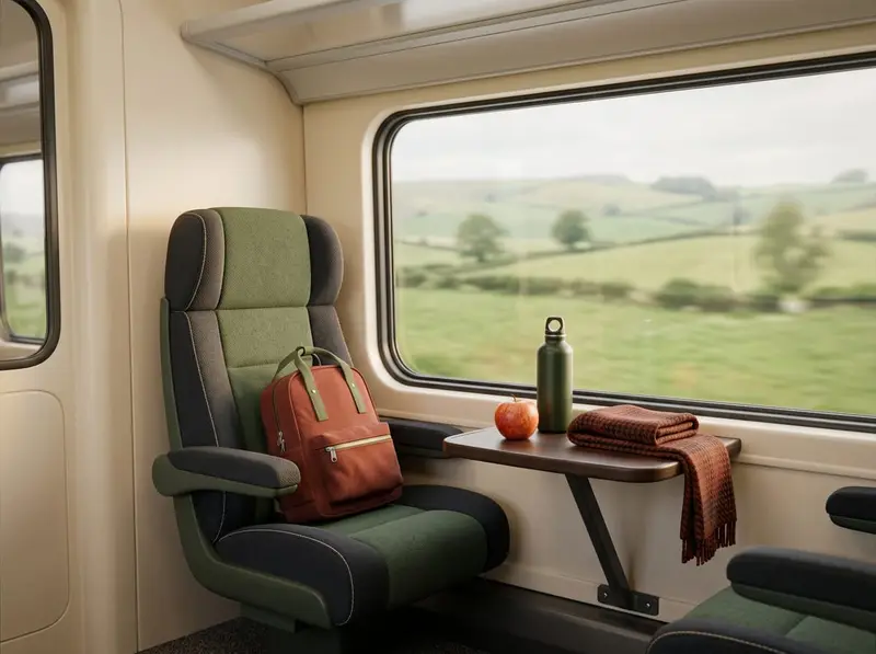 A train window seat with a water bottle and an apple on the table and countryside outside.