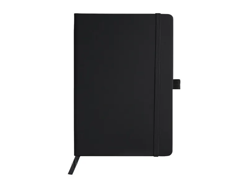 A black A5 notebook with an elastic strap and a pen loop